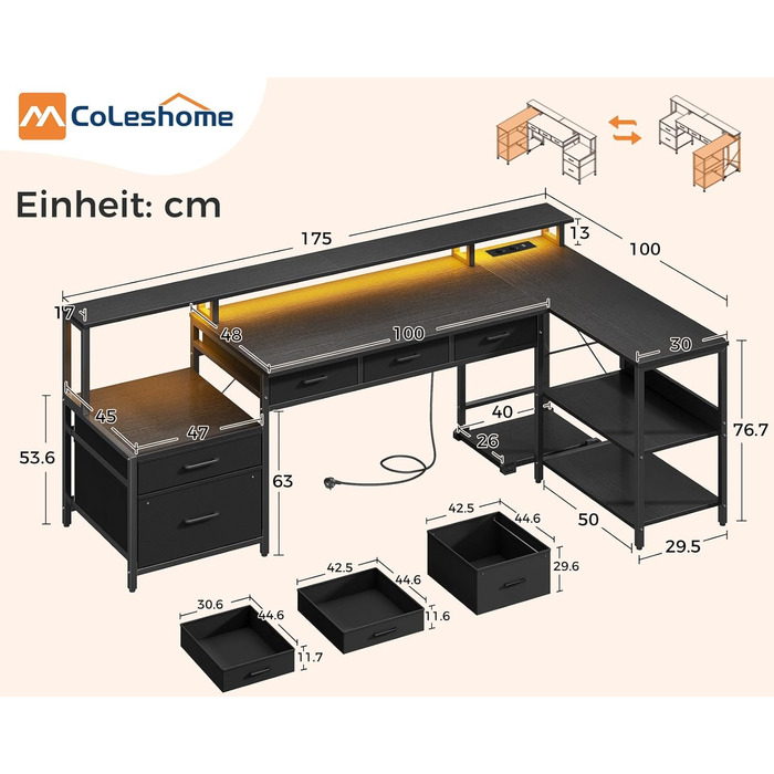Комп'ютерний стіл кутовий Coleshome з шухлядами, 195x100 см, з розеткою та підставкою для монітора, чорний
