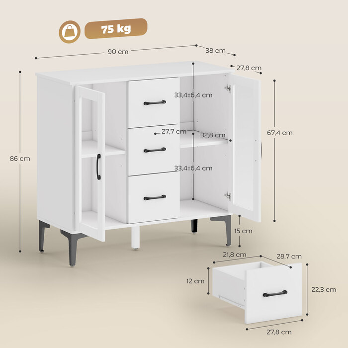 Сучасна комода з плавним закриванням дверей, буфет з 3 висувними ящиками, 2 скляними дверцятами, регульованими полицями, МДФ, білий