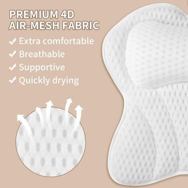 Подушка для ванни 4D сітка з присосками, біла - підтримка шиї, плечей, голови та спини для релаксації