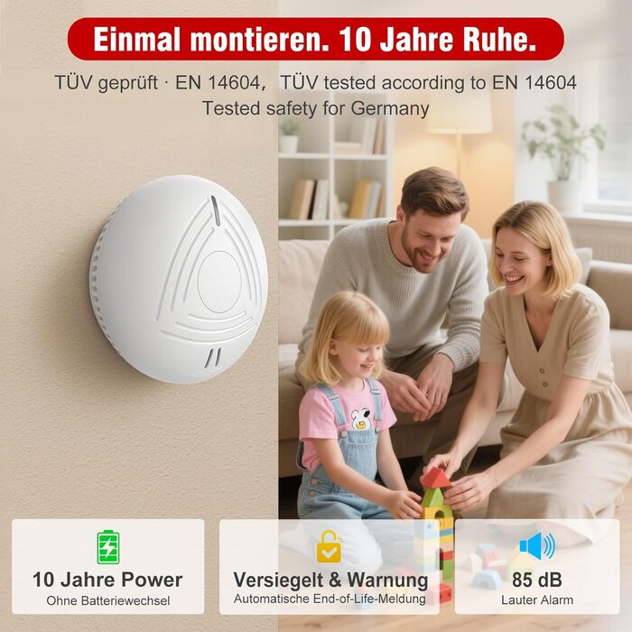 Набір димових сповіщувачів DAYTECH (6 шт.) з батареєю на 10 років, магнітним кріпленням, сертифікацією TÜV Rheinland, 85dB, тестуванням/вимкненням звуку, для спалень та дитячих кімнат – білий