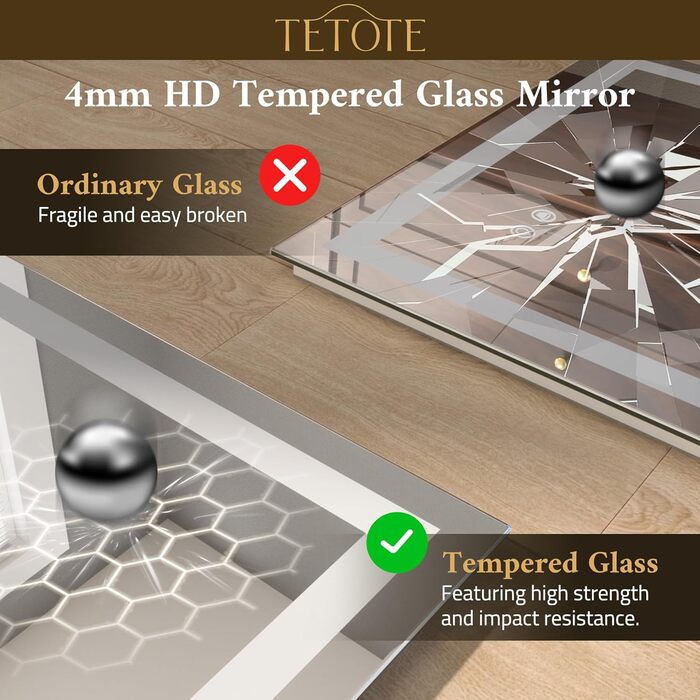 Дзеркало для ванної кімнати TETOTE з підсвічуванням 90x90 см, без рами, LED-touch, 3 кольори, регулювання яскравості, функція пам'яті