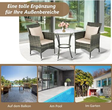 Набір садових меблів GIANTEX для балкона: стіл та 2 стільці з ротангу, комплект на 2 особи, з подушками (бежевий)