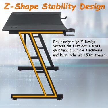 Ігровий стіл YRHome 120x60 см – стіл для комп'ютера з тримачем для напоїв, кабелепроводами та карбоновою поверхнею. Ергономічний стіл для геймерів та офісу, чорний (без LED). Розміри: 120 x 60 см