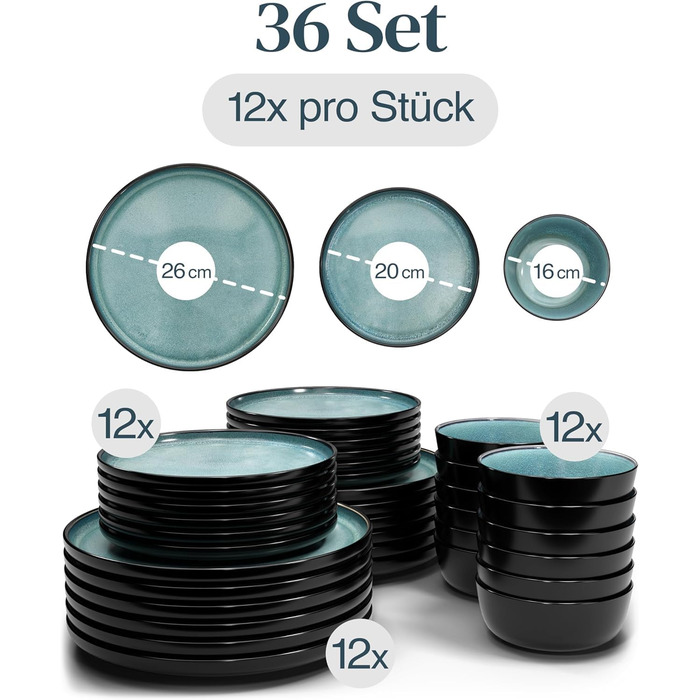 Набір посуду Steingut Ibiza 36 предметів на 12 осіб - Petrol (Pure Living)