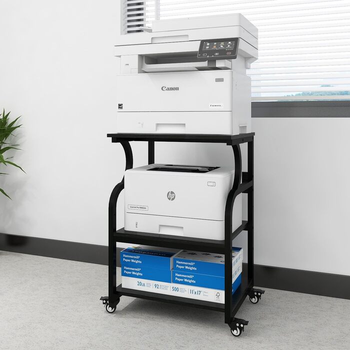 Регульований стіл для принтера PUNCIA з 3 полицями, з роликами, мобільний візок для принтера з дерева та металу, чорний (60 x 50 см)