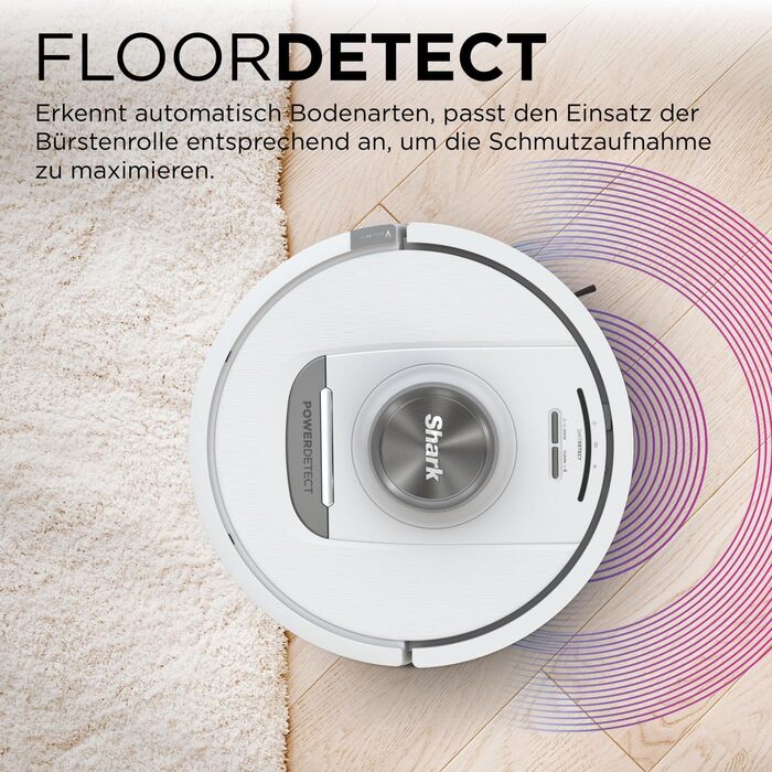 Робот-пилосос Shark PowerDetect з автопорожненням, самоочищення, до 60 днів роботи, для шерсті тварин, килимів та твердих підлог, з 3D та LiDAR навігацією, 14,5 см, білий