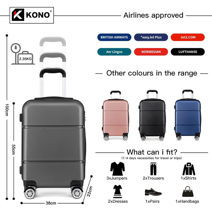 Чемодан ручної поклажі KONO з жорсткою оболонкою, на колесах, 55x38x22 см, 33 літри, сірий