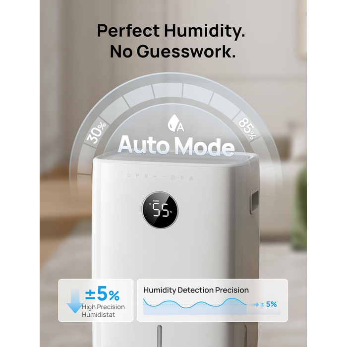 Dreo Розумний осушувач повітря /24h, для приміщень 37 м² – енергоефективний та тихий – керування через App & Alexa – 3 режими, таймер, регульована вологість, з відводом води, для спальні та ванної кімнати, білий (52L)