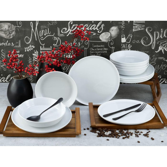 CreaTable Серія Chef Collection: 18-частинний набір посуду для 6 осіб, кавовий сервіз з порцеляни, придатний для миття в посудомийній машині та використання в мікрохвильовій печі, Made in Europe (12-частинний сервіз, білий)