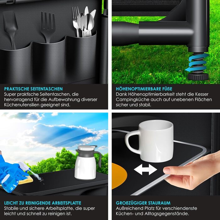 Кемпінгова кухня KESSER® з сумкою та набором посуду | Складаний шафка для кемпінгу | Алюмінієвий каркас | Похідна кухня | Кухонна коробка | Шафка для намету | Чорний/Чорний | Тип F6