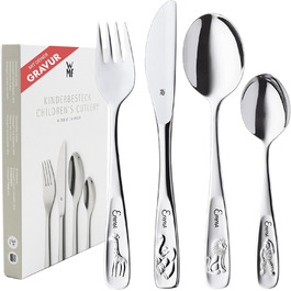 Дитячий столовий набір WMF Kinderbesteck з гравіюванням, нержавіюча сталь, 4 предмети, придатний для миття в посудомийній машині – подарунок на хрещення, подарунки на хрещення для дівчаток та хлопчиків, дитячий столовий набір з гравіюванням