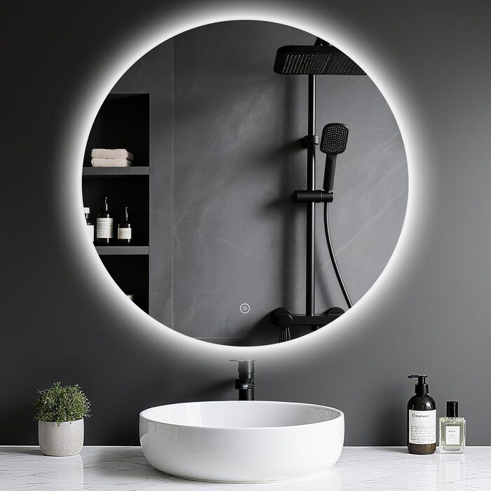 LED-дзеркало для ванної кімнати з підсвічуванням, кругле, 50 см, сенсорне управління, регулювання яскравості, функція пам'яті, HD скло, захист від вибуху, 3 кольори світла, 70x70 см
