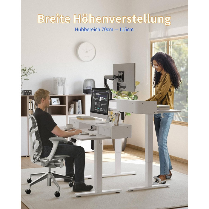 Електричний стіл YIHAYO з висувними ящиками та підставкою для монітора 120x60 см, з функцією пам'яті, Natural White, білий каркас/поверхня