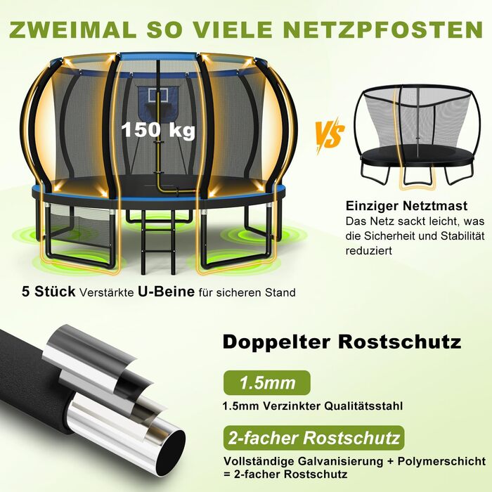 Батут садовий Devoko з сіткою та баскетбольним кільцем, 366 см, до 150 кг - для дітей та дорослих, блакитний