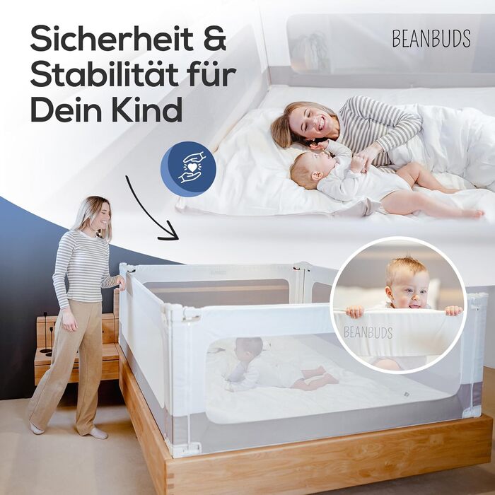Бортик для ліжка BEANBUDS® захисний, 200 см - сірий. Захист від випадання для дитячого ліжечка та ліжка батьків. З ременями для кріплення, для ламельних та бокс-спрінг ліжок.