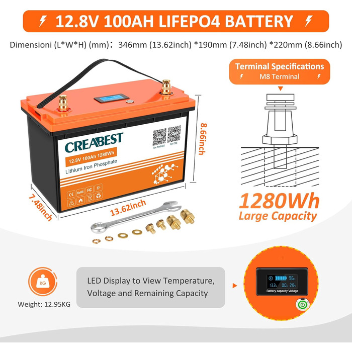 Акумулятор 12V 200Ah CREABEST LiFePO4, BMS, Bluetooth, глибокий цикл, 2560 Вт, для автофургону, сонячної системи, поза мережею