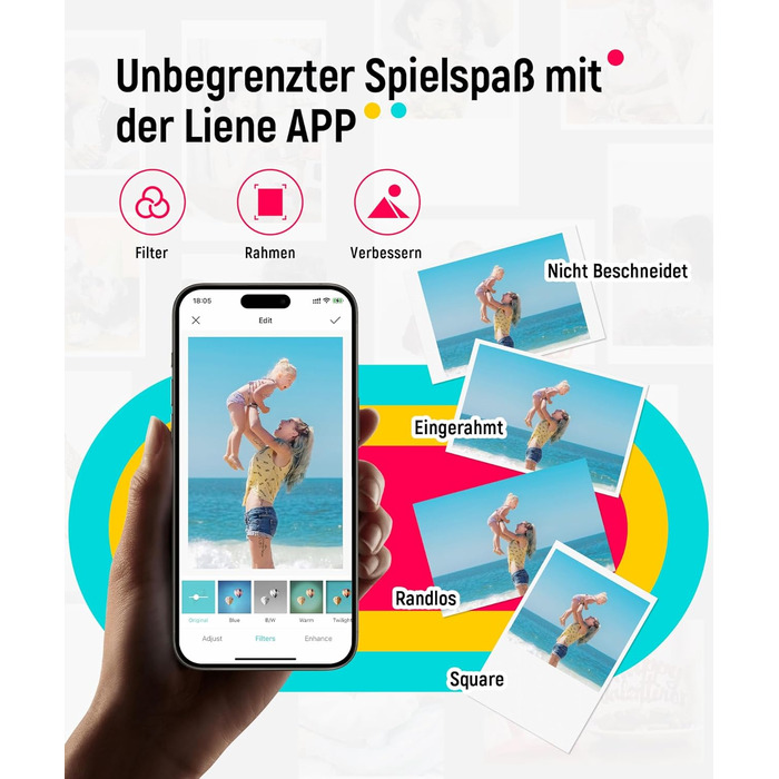 Liene Pearl K100 Міні-фотопринтер для смартфонів, білий. Підтримка Bluetooth 5.0, сумісний з iOS та Android, 5 листів фотопаперу.