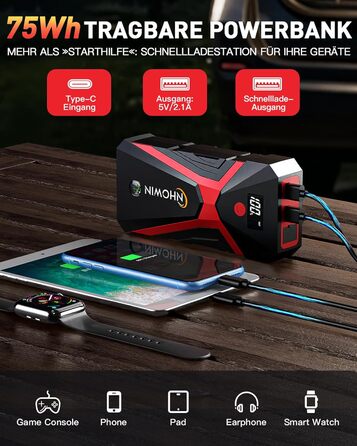 Powerbank Starthilfe 20000 mAh для автомобіля 12V з кабелями та LED-ліхтарем. Запуск авто до 7.5л бензину або 5.0л дизеля. 4-в-1 функція. Підходить для подорожей та надзвичайних ситуацій.