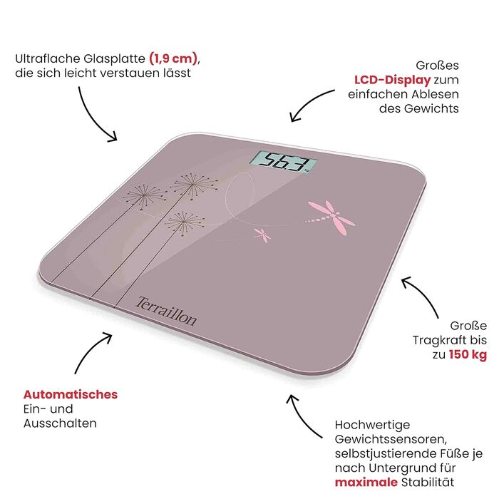 Електронні ваги для ванної кімнати Terraillon, ультраплоскі, автоматичне ввімкнення/вимкнення, великий РК-дисплей, 150 кг, Eden, рожевий