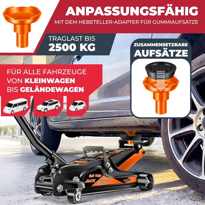 Гідравлічний домкрат MASKO 3T з низьким профілем 85-460мм, 3 гумові накладки, для автомобілів SUV, 360° колеса, рукавички в комплекті, підставка для ремонту (до 2.5 тонн, помаранчевий)