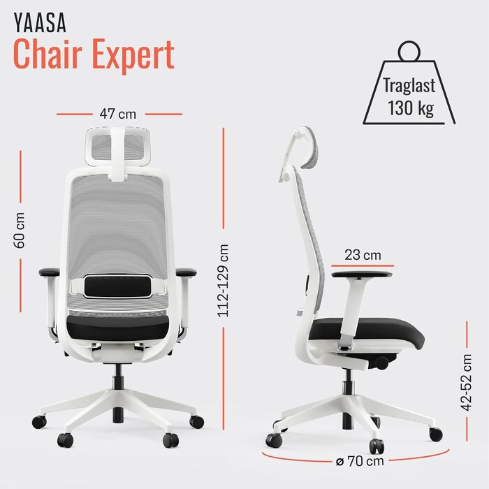 Офісне крісло Yaasa Ergonomiczne – ергономічне крісло для офісу з підтримкою попереку та регульованими підлокітниками – поворотне крісло з регулюванням опору спинки – для дому та офісу – 120 кг (Білий, Expert)