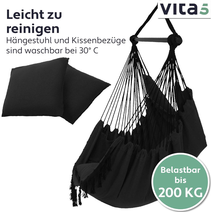 Підвісне крісло на відкритому повітрі - Стійке та безпечне крісло-гамак - Стильне підвісне крісло для приміщень - Гойдалки для дорослих та дітей - Зручне оформлення кімнати в стилі бохо - Вантажопідйомність 200 кг (чорний), 5