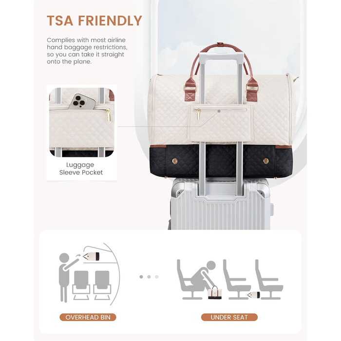 LOVEVOOK Перекидна дорожня сумка для жінок, 2-в-1, валіза, органайзер для взуття, водонепроникна, ручна, для подорожей (53L, чорний, бежевий, коричневий)