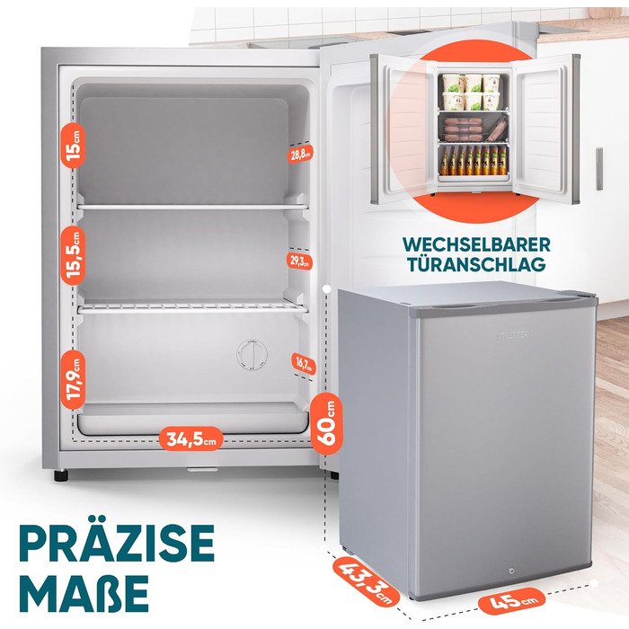 Stillstern Міні морозильник 42L -18°C з формою для льоду, замком, змінним напрямком відкривання дверцят, 4-зірковий глибокий заморожувач для кемпінгу/офісу. Срібний колір.