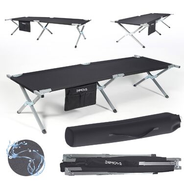 Складане кемпінгове ліжко 24MOVE® для відпочинку на природі та вдома, витримує до 200 кг, 210x72x45 см, чорне, з сумкою для перенесення