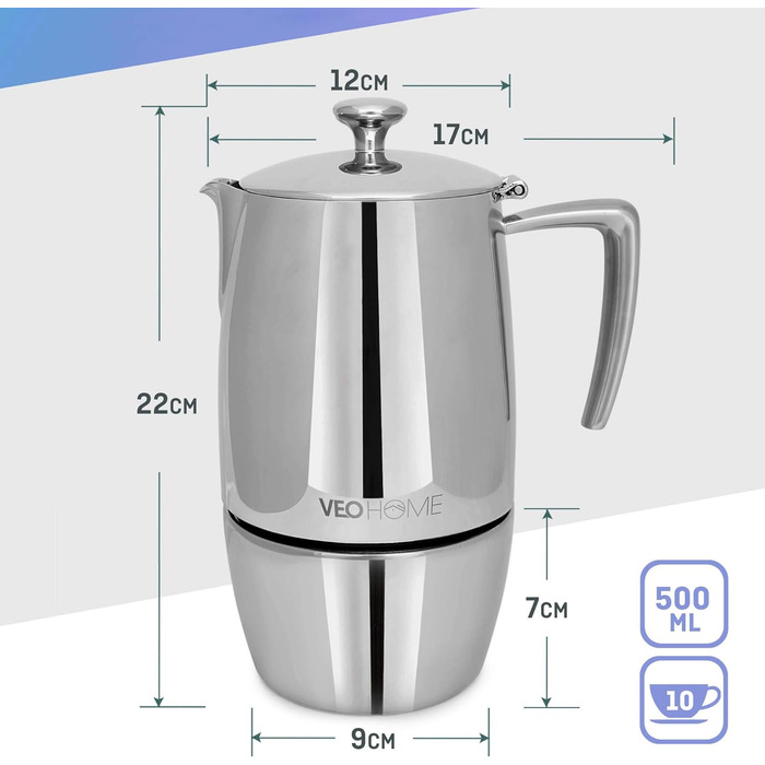 Mokka Pot VeoHome: Кавоварка гейзерна на 10 чашок, 500 мл, нержавіюча сталь, італійська, для Induktion, Gas, Keramik, Elektrik, без алюмінію, з подвійним фільтром