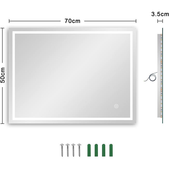Дзеркало для ванної кімнати Dripex LED з підсвічуванням, сенсорна кнопка, протизапітніння, 6400K, енергозбереження, 50x70 см