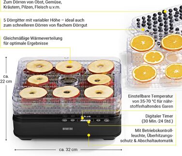 Дегідратор N8WERK з нержавіючої сталі Регулятор температури від 35-70 C, цифровий таймер (до 24 годин) Дегідратор з 5 решітками, регульований по висоті Приготування їжі з фруктів і овочів зі збереженням поживних речовин