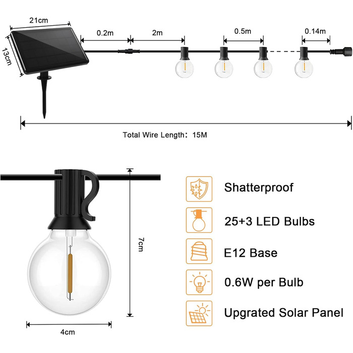 Сонячні струнні ліхтарі на відкритому повітрі з 28 світлодіодними лампами, 4 режими, стійкі до погодних умов для вечірки в садовому патіо, 15M