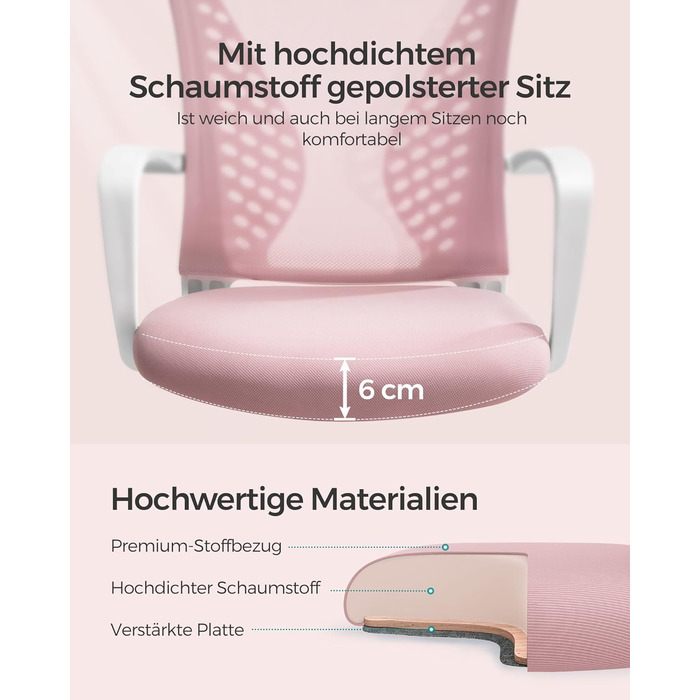 Ергономічне офісне крісло SONGMICS для комп'ютера, сітчасте стілець для робочого столу з функцією гойдання, регулюванням висоти, пастельно-рожеве, до 120 кг, OBN022GD01