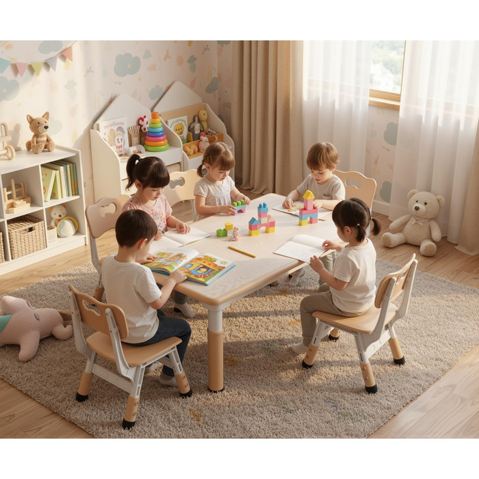 Дитячий стіл з 6 стільцями: комплект для дитячого садка та кімнати, регульована висота, пластикові меблі, жовтий
