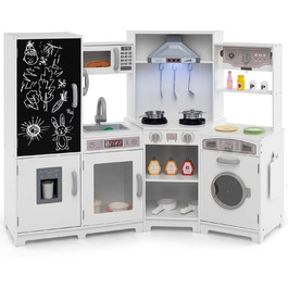 Детська дерев'яна кухня COSTWAY з підсвіткою та звуком, кутова кухня з табло, мікрохвильовою піччю, раковиною, духовкою та місцем для зберігання, з аксесуарами, іграшкова кухня для дітей від 3 років (біла)