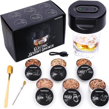 Набір для копчення віскі Toys4Boys Premium - з дерев'яною кришкою, 4 арома-стружками та запальничкою. Ідеальний подарунок для чоловіків. Набір для інфузії віскі без бутану, 6 арома-стружків