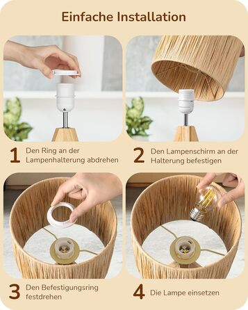 EDISHINE Настільна лампа з ручним плетінням, тепле світло 2700K, дерев'яний штатив, Boho стиль, для спальні, вітальні, готелю, з LED лампою E27 4W, абажур з ротангового паперу
