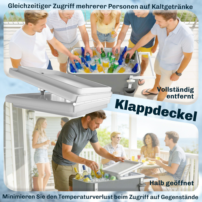 Мобільний сервірувальний візок-холодильник з колесами, 56 л, з відкривачкою для пляшок, нижньою полицею та ручкою, сірий колір