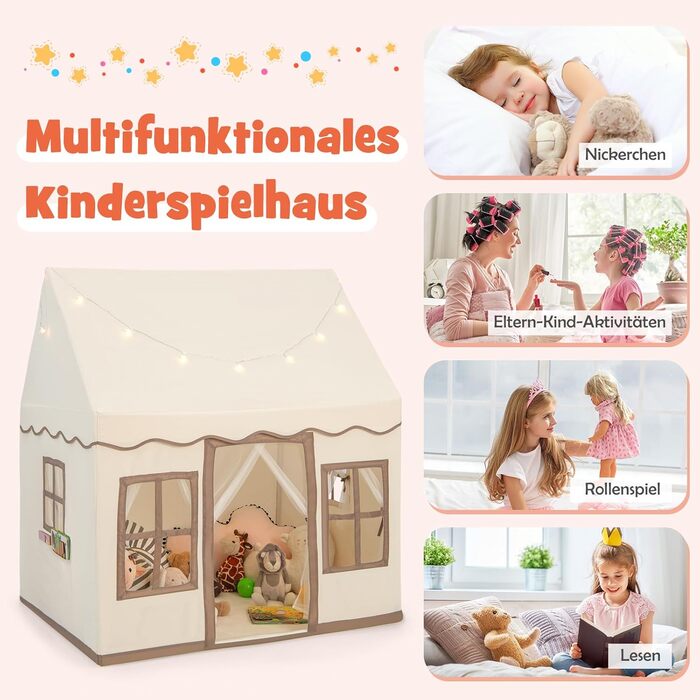 Дитячий намет DREAMADE з гірляндою та килимком, Тіпі, ігровий будиночок з вікнами, для хлопчиків та дівчаток, для дому та вулиці (Бежевий + Кофе)