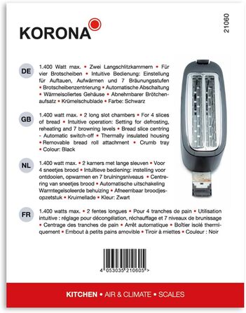 Тостер Korona 21060 4 скибочки, довгий слот, регульований, розморожування, смаження, 1400 Вт, насадка для булочки, чорний