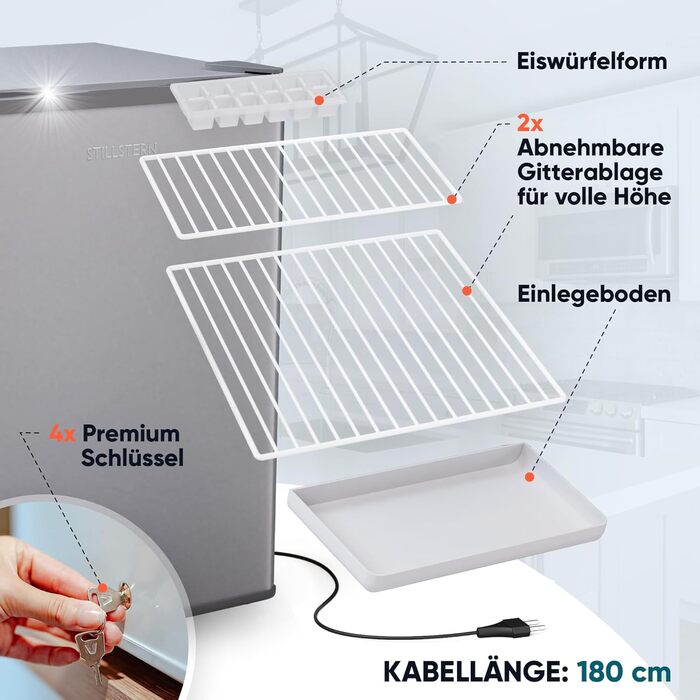 Stillstern Міні морозильник 42L -18°C з формою для льоду, замком, змінним напрямком відкривання дверцят, 4-зірковий глибокий заморожувач для кемпінгу/офісу. Срібний колір.