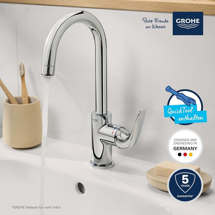 Змішувач для ванної кімнати GROHE Swift, високий, водозберігаючий, хром, 31 см, з інструментом 3-в-1, для встановлення на раковину