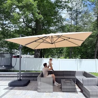 Парасолька від сонця PURPLE LEAF 350x350 см, велика садова парасолька-амбрела з рукою-користувачем, поворотом на 360° та хрестовиною, бежева, для тераси та балкона