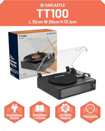 Вініловий програвач Oakcastle TT100 з Bluetooth 5.0, AUX, RCA, вбудованими динаміками, ретро-дизайн, адаптер 45 RPM, програвач платівок преміум-якості
