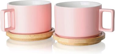 Набір керамічних кавових чашок Henten Home (310 мл) з дерев'яними блюдцями, набір кавових чашок для капучино, лате, еспресо, американо, мокко, чаю (матовий рожевий)