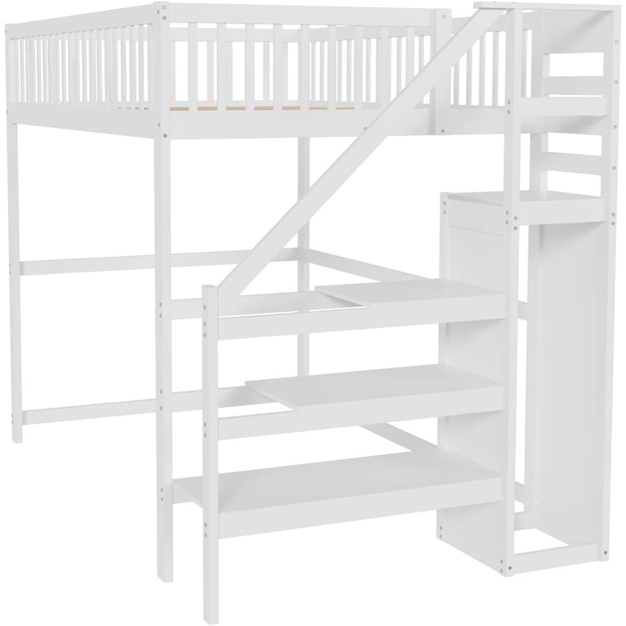 Ліжко-горище Merax для односпального матраца 140x200 см з шафою та сходами, масивне дерево, білий колір (без матраца)