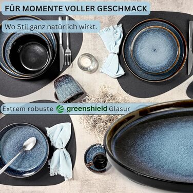 Набір посуду SÄNGER Steingut 18 предметів: 6 тарілок для їжі, 6 мисок для каші, 6 десертних тарілок, блакитний колір з чорним бордюром, стійкий до подряпин, VALUE COLLECTION (Osaka)