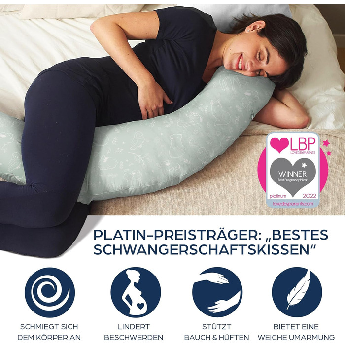 Подушка для вагітних Niimo XXL - подушка для годування, подушка для сну на боці, 100% бавовна, 200 x 70 см, м'ятно-зелений колір