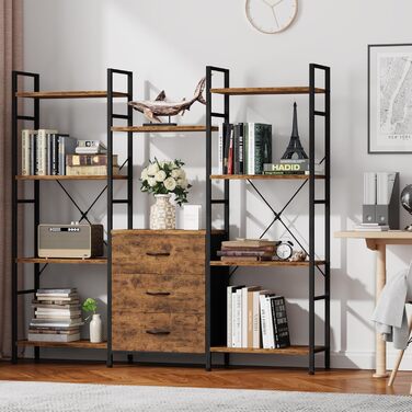 Стильна полиця-стеллаж з 4 висувними ящиками з тканини, 100W x 142Hcm, для книг, кухні, вітальні, офісу, балкону, в індустріальному стилі (4 яруси, 120cm, рустикальне дерево)